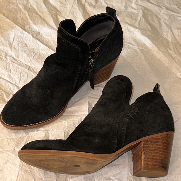 Sam Edelman Black Suede Booties Side Zip 3 inch Block Heel SZ 8.5 - Picture 1 of 16